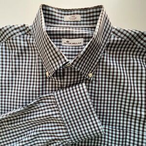Peter Millar Blue/Brown Mens Large Button‎ Down Gingham Long Sleeve Dress Shirt